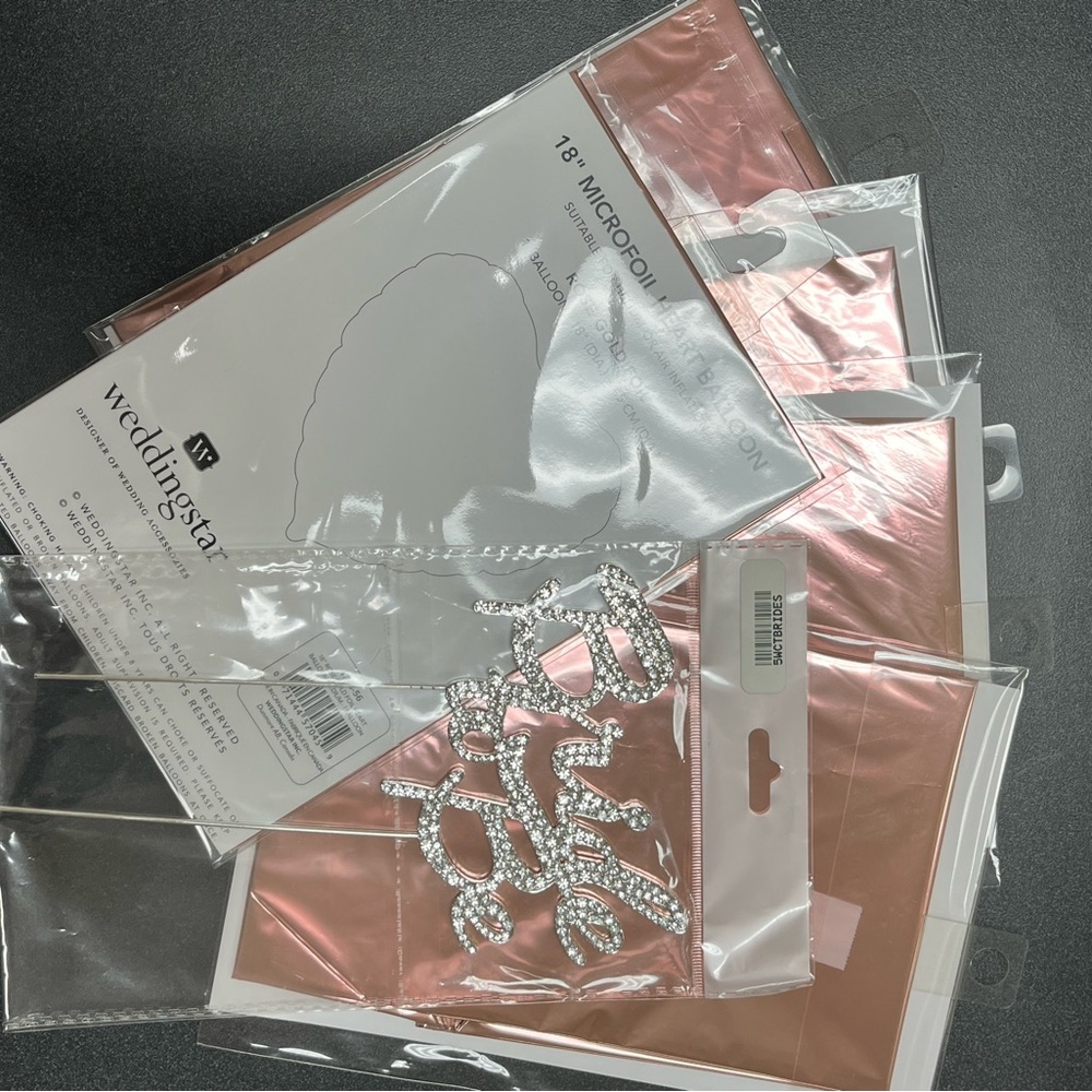 Microfoil Balloons, Silver Sparkle cake topper, crystal gems and thank you cards